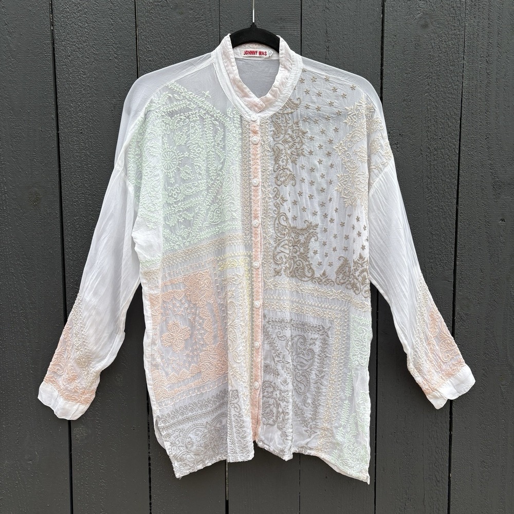 Johnny Was Boho Sheer Patchwork Embroidered Shirt XS Indie Oversize Slouch Silky